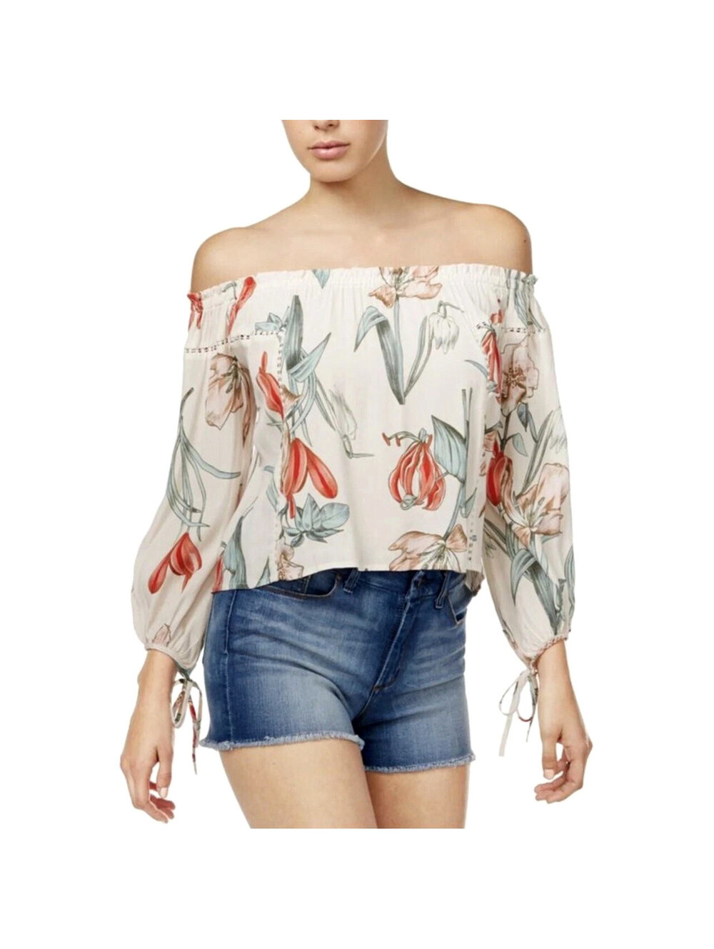 ASTR The Label Chavelle Top L Large Off The Shoulder Floral Cropped Blouse Top